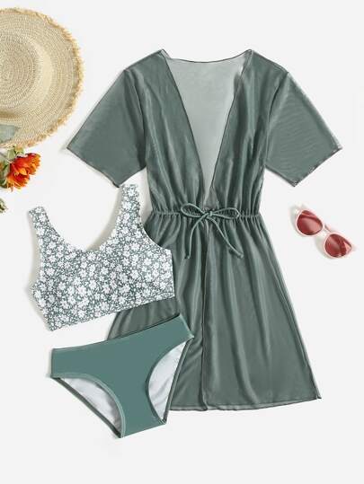 طقم بكيني مع زهور صغيرة متفرقة 3حزم لفتيات المراهقات مع خصر رباط كيمونو صيفي شاطئي