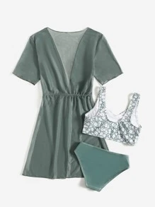 Tween Girl 3packs Ditsy Floral Bikini Set With Drawstring Waist Kimono Summer Beach - Green - View 2