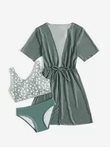 Tween Girl 3packs Ditsy Floral Bikini Set With Drawstring Waist Kimono Summer Beach - Green - View 6
