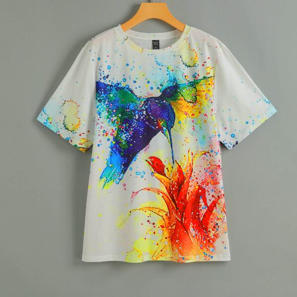 

Plus Paint Splatter Bird Print Tee, Multicolor
