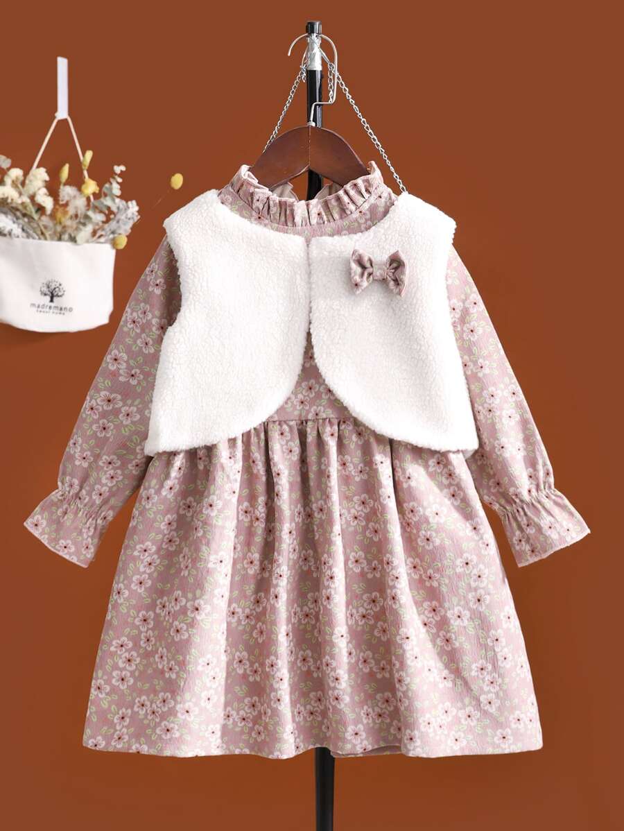 Cô Gái Trẻ In hoa tay áo lá sen Vải to sợi Đầm & Nơ mặt trước Teddy Áo khoác vest - Nhiều màu - Xem 1