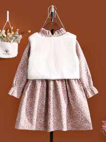 Cô Gái Trẻ In hoa tay áo lá sen Vải to sợi Đầm & Nơ mặt trước Teddy Áo khoác vest - Nhiều màu - Xem 2