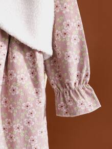 Cô Gái Trẻ In hoa tay áo lá sen Vải to sợi Đầm & Nơ mặt trước Teddy Áo khoác vest - Nhiều màu - Xem 4