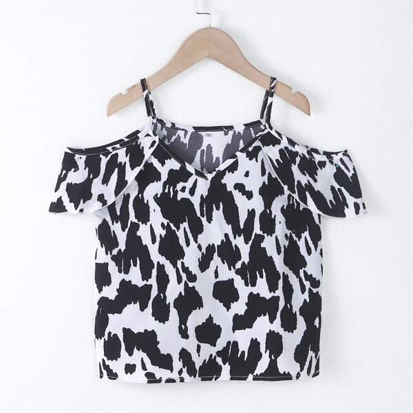 

Girls Cow Print Cold Shoulder Blouse, Black and white