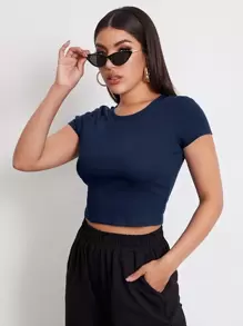 SHEIN EZwear 小圓領短款T恤 - 藏蓝色 - 查看 4