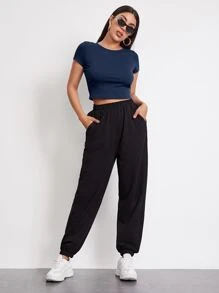 SHEIN EZwear 小圓領短款T恤 - 藏蓝色 - 查看 6