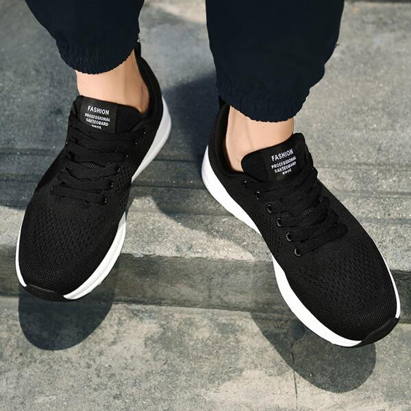 

Men Lace-up Front Knit Running Shoes, Black