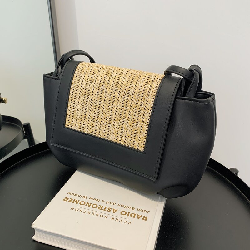

Straw Flap Shoulder Bag, Black