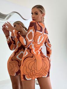 SHEIN VCAY Graphic Print Tie Neck Bodycon Dress - Orange - View 3