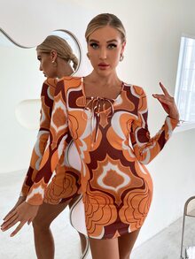 SHEIN VCAY Graphic Print Tie Neck Bodycon Dress - Orange - View 4