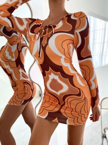 SHEIN VCAY Graphic Print Tie Neck Bodycon Dress - Orange - View 5