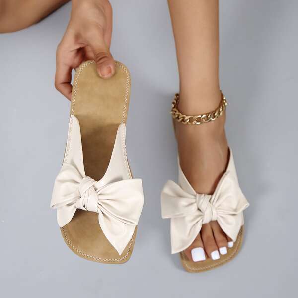 

Bow Decor Slide Sandals, Beige