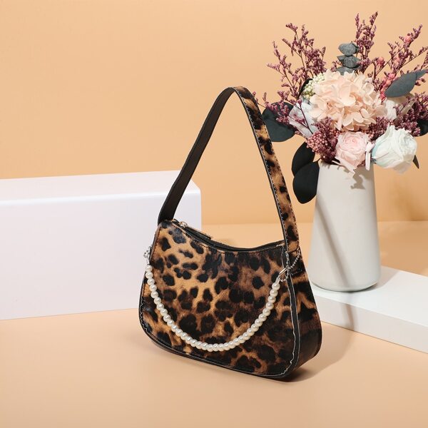 

Leopard Faux Pearl Decor Satchel Bag, Multicolor