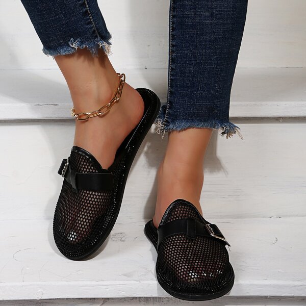 

Buckle Decor Mesh Loafer Mules, Black