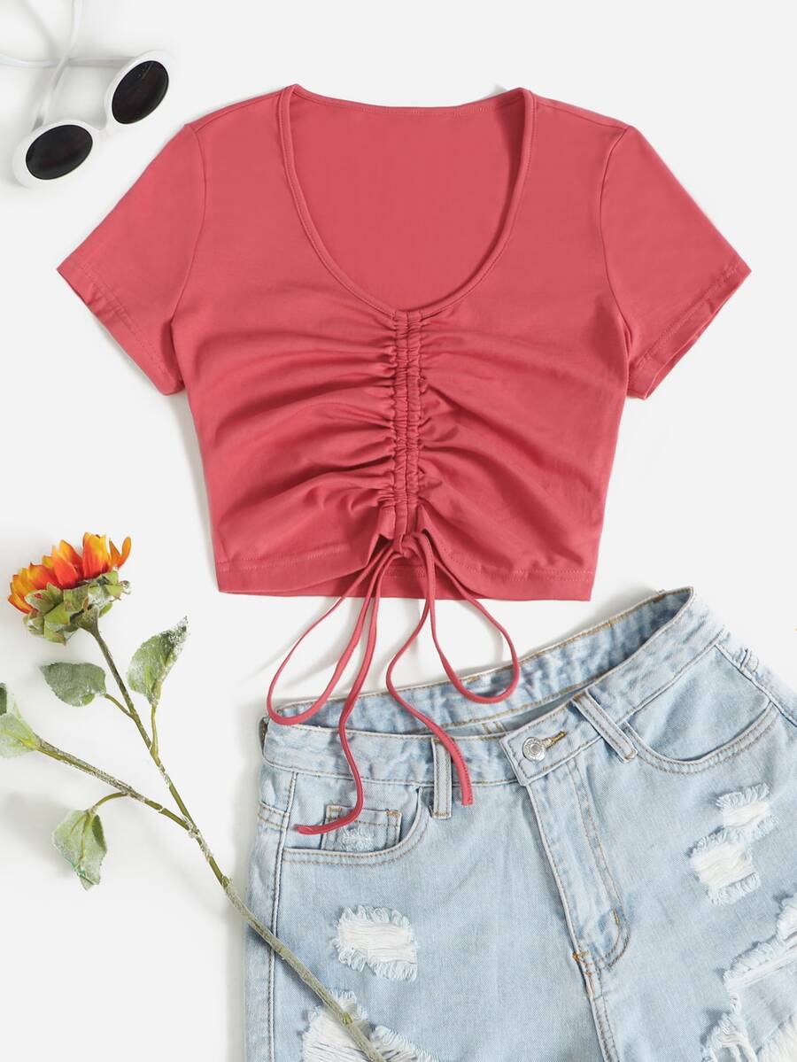 SHEIN Qutie Dragsko Rynkad Slätt Enkel T-Shirt - Vattenmelonsrosa - Visa 1