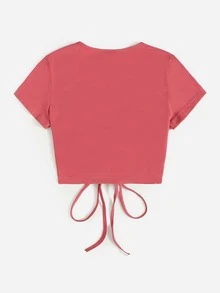 SHEIN Qutie Dragsko Rynkad Slätt Enkel T-Shirt - Vattenmelonsrosa - Visa 2