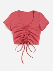 SHEIN Qutie Dragsko Rynkad Slätt Enkel T-Shirt - Vattenmelonsrosa - Visa 3