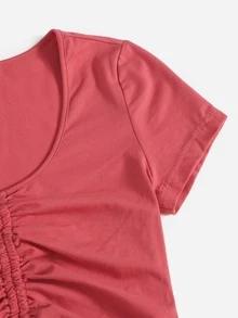 SHEIN Qutie Dragsko Rynkad Slätt Enkel T-Shirt - Vattenmelonsrosa - Visa 5