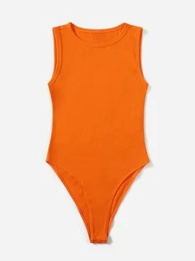 SHEIN EZwear Summer Neon Orange Solid Skinny Round Neck Bodysuit