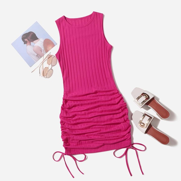 

Ruched Drawstring Side Bodycon Dress, Hot pink