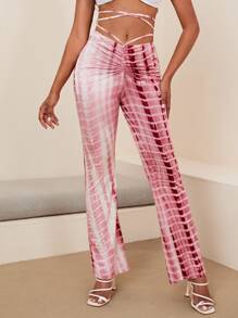 SHEIN EZwear 抽褶十字交叉結飾紮染褲子 - 紅白色 - 查看 1