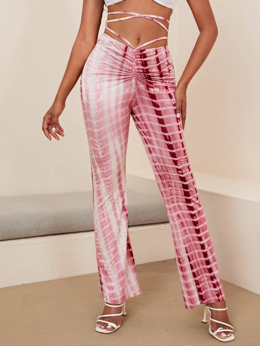 SHEIN EZwear 抽褶十字交叉結飾紮染褲子 - 紅白色 - 查看 1