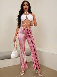 SHEIN EZwear 抽褶十字交叉結飾紮染褲子 - 紅白色 - 查看 4
