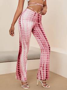 SHEIN EZwear 抽褶十字交叉結飾紮染褲子 - 紅白色 - 查看 5