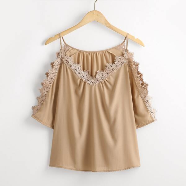 

Contrast Guipure Lace Cold Shoulder Blouse, Khaki