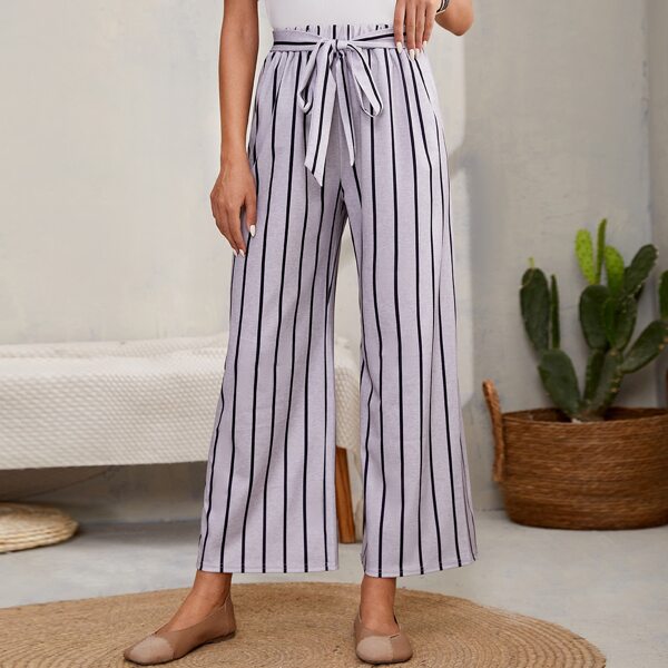 

Striped Print Belted Wide Leg Pants, White