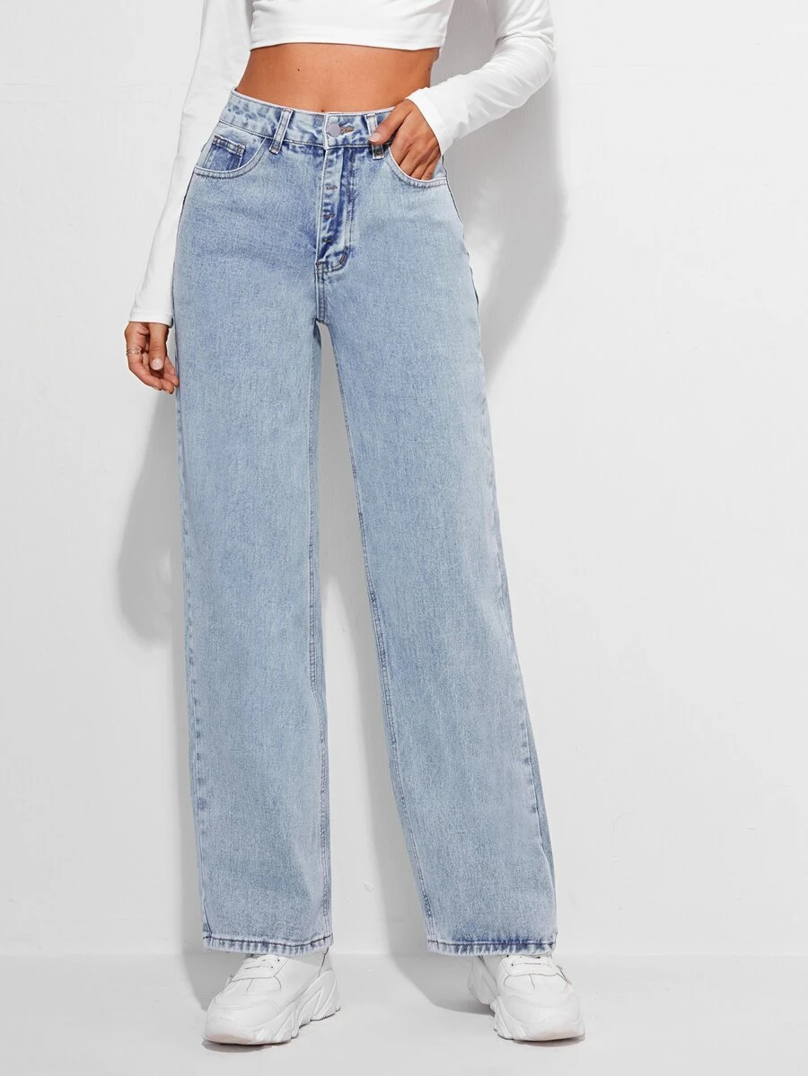 EURMUSE High Waist Straight Leg Jeans - Light Wash - View 1
