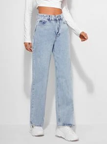 EURMUSE High Waist Straight Leg Jeans - Light Wash - View 3