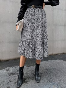 SHEIN Clasi 小碎花高腰荷葉邊不附腰帶半身裙 - 黑與白 - 查看 1