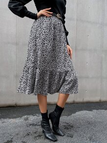 SHEIN Clasi 小碎花高腰荷葉邊不附腰帶半身裙 - 黑與白 - 查看 4