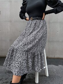 SHEIN Clasi 小碎花高腰荷葉邊不附腰帶半身裙 - 黑與白 - 查看 6