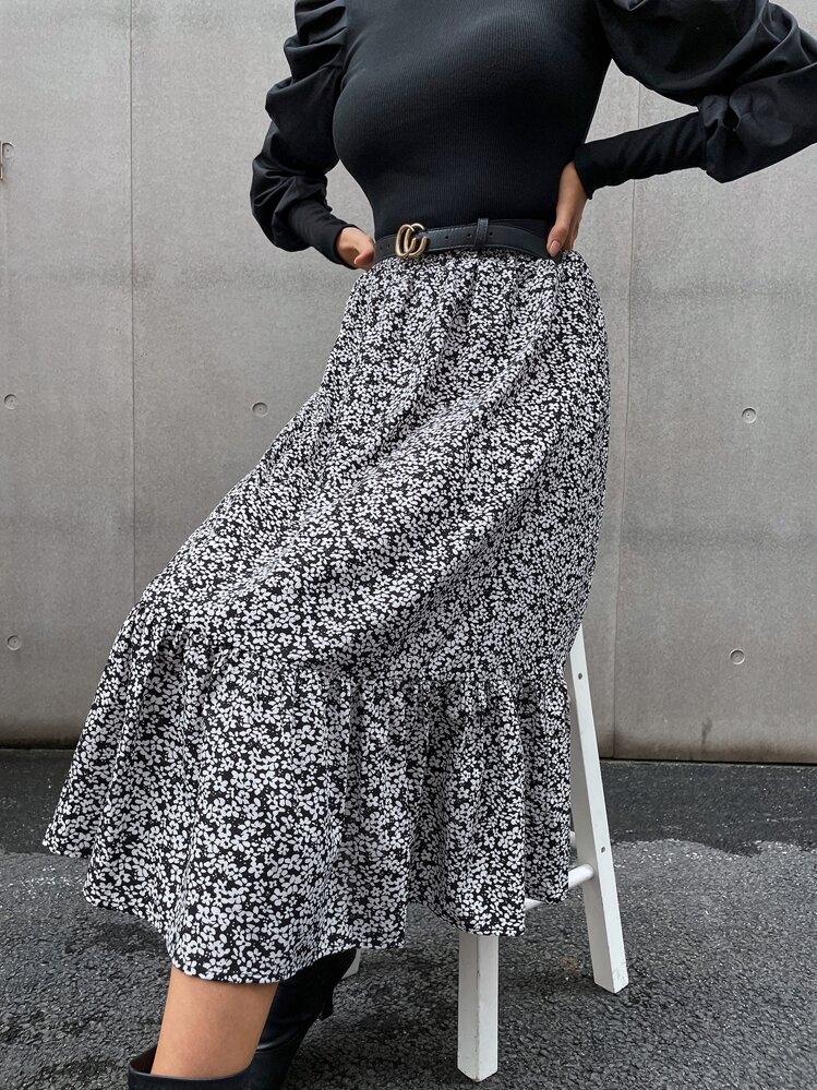 SHEIN Clasi 小碎花高腰荷葉邊不附腰帶半身裙 - 黑與白 - 查看 6