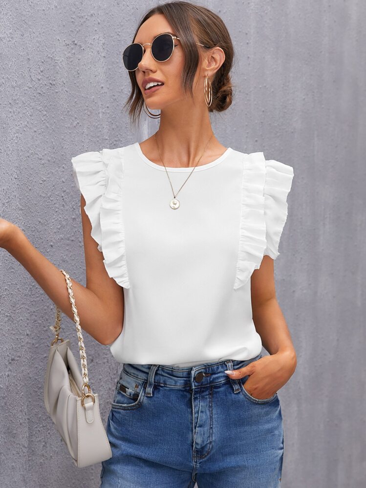 SHEIN Clasi Women's Keyhole Back Ruffle Armhole Spring Top - White - View 1
