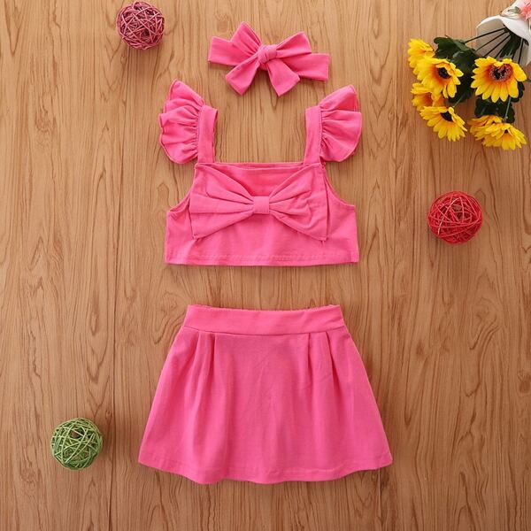 

Toddler Girls Bow Front Ruffle Trim Cami Top & Skirt With Headband, Pink