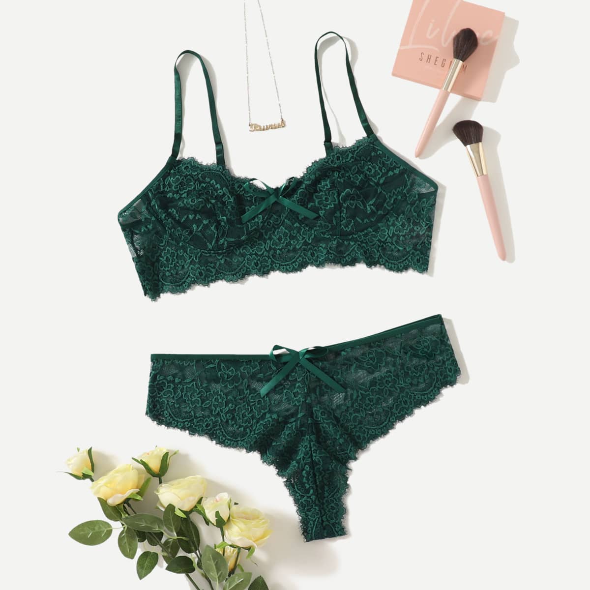 

Plus Floral Lace Bow Decor Lingerie Set, Dark green