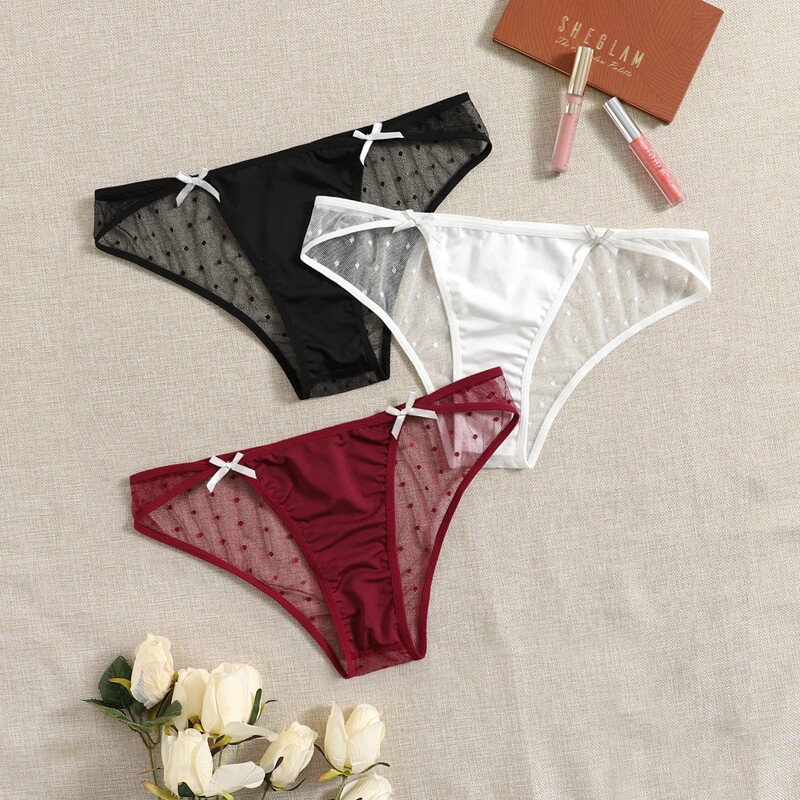 

3pack Plus Contrast Dobby Mesh Bow Decor Panty Set, Multicolor