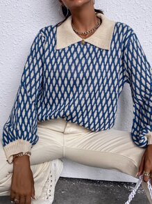 Chiquease Áo len tay phồng họa tiết Argyle, áo dài tay dệt kim mùa thu đông. - Xanh và trắng - Xem 6