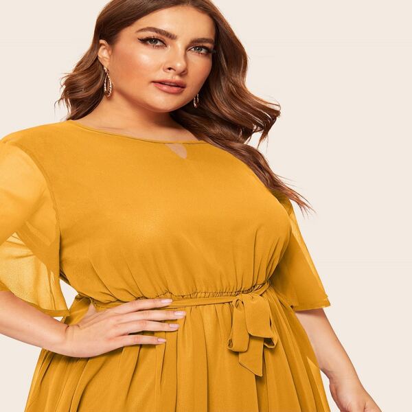 

Plus Butterfly Sleeve Self Tie A-line Dress, Brown