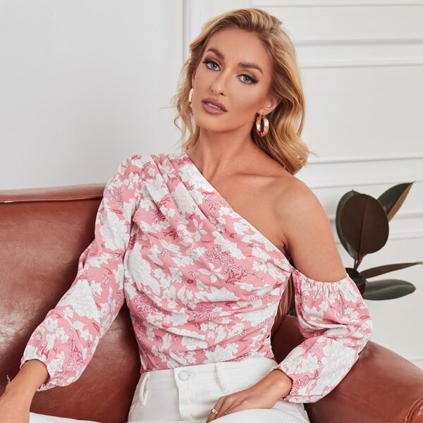 

Asymmetrical Neck Lantern Sleeve Ruched Floral Top, Pink