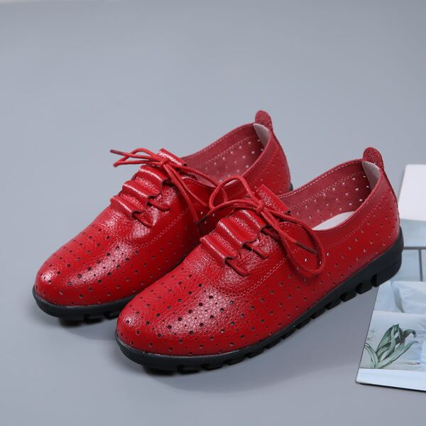 

Hollow Out Lace-up Front Leather Flats, Red