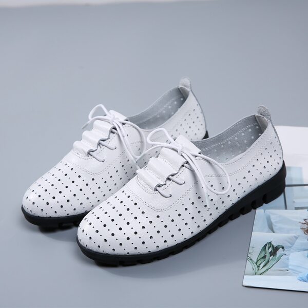 

Hollow Out Lace-up Front Leather Flats, White