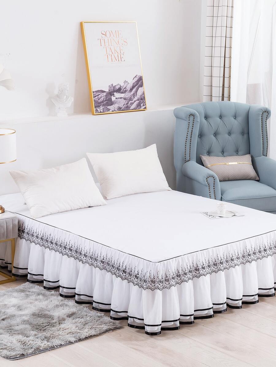 Lace Embroidery Bed Skirt - Black and White - View 1