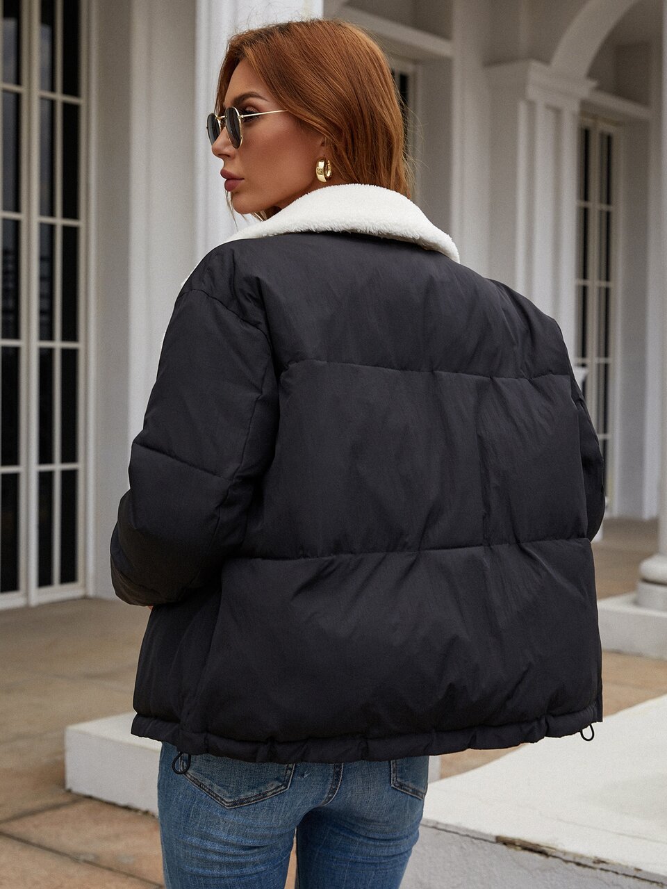 Borg Collar Drawstring Hem Padded Padded Coat Clothes Winter