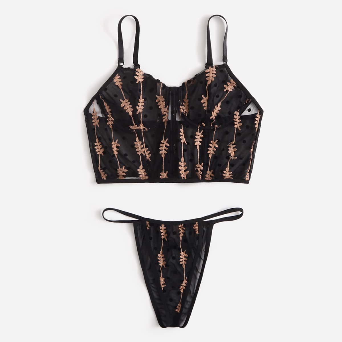 

Leaf Pattern Mesh Underwire Lingerie Set, Black