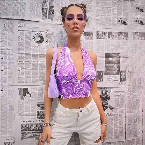 

Marble Print Tied Backless Halter Crop Top, Purple