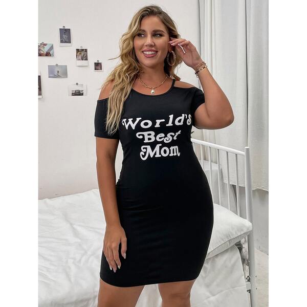 

Plus Slogan Graphic Cold Shoulder Bodycon Dress, Black